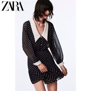 Zara Polka Dot Mini Black White Dress Collar Size S